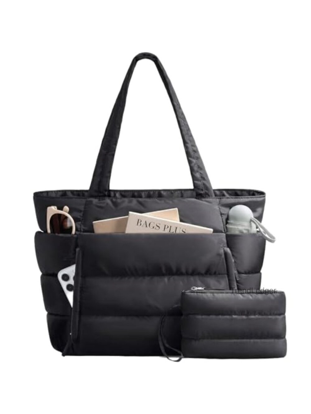 Large Quilted Puffer Tote Bag with Makeup Bag & Laptop Sleeve